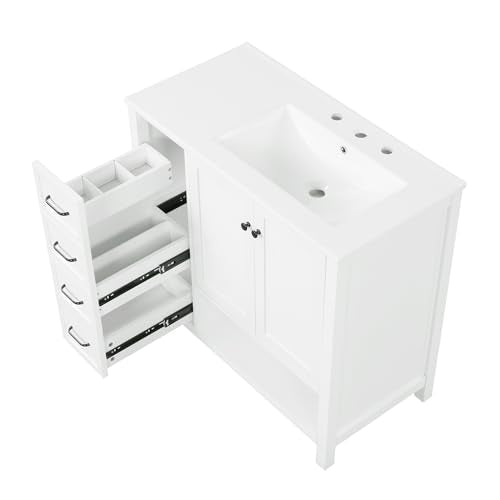 Merax 36" Bathroom Vanities Cabinet with Right Side Sink, Multi-Functional Drawers, Two Soft Closing Doors, Open Shelf, White Merax