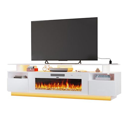 FJTJBSI 70" Fireplace TV Stand with 36" Electric Fireplace Entertainment Center with Charging Station and LED Light Console Table for Television up to 80 inch with Storage for Living Room