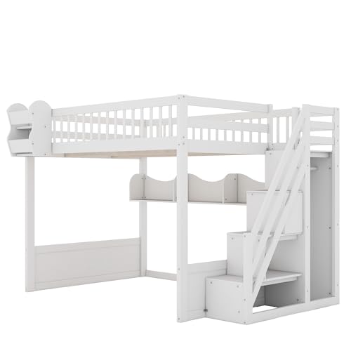Merax Queen Size Wood Loft Bed with Wardrobe and Staircas, Storage Shelves, Floor Multifunction Bunk Bed with Full Length Gardrails, Space Saving,White Merax