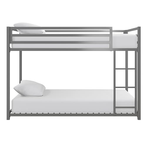 DHP Miles Silver Low Metal Bunk Bed Frame for Kids - Twin Over Twin with Built-in Ladder and High Guardrails DHP