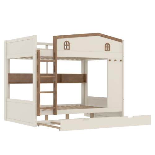 Bellemave Queen Over Queen Bunk Bed with Trundle & Hooks, Wooden Floor Bunk Beds Frame with Storage Shelves & Ladder for Kids Teens, Beige+Natural Bellemave