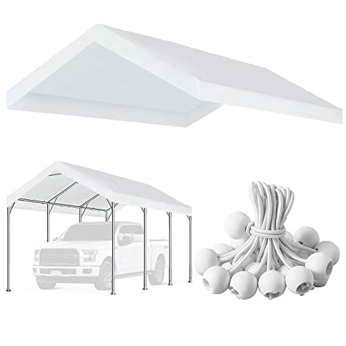 10'x20' Upgraded Carport Replacement Top Canopy Cover for Car Garage Shelter Tent Party Tent with Ball Bungees White (Only Top Cover, Frame is not Included) Vanteriam