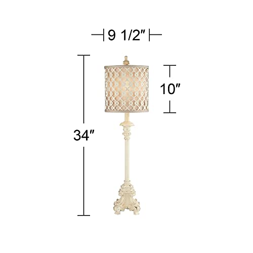 Regency Hill French Country Traditional Candlestick Buffet Table Lamp Vintage 34" Tall Skinny Ivory Off White Metal Lattice Double Shade for Living Room House Home Entryway Dining Family Regency Hill