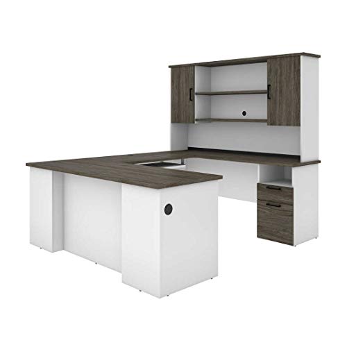 Bestar Norma 71W U or L-Shaped Executive Desk with Hutch in Walnut Grey & White Bestar