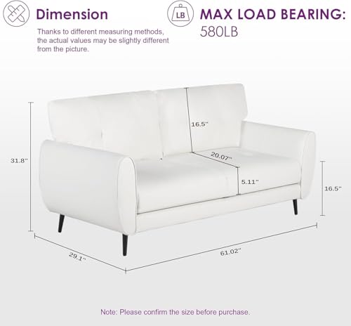 TYBOATLE 61" Loveseat Couches for Living Room, White Faux Leather Couch Mid Century Modern Tufted Mini Sofa Comfy Office 2 Seat Settee Love Seat Small Couches for Small Spaces Bedroom, White TYBOATLE