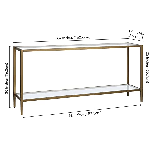 Henn&Hart 64" Wide Rectangular Console Table with Glass Shelf in Brushed Brass, Entryway Table, Accent Table for Living Room, Hallway Henn&Hart