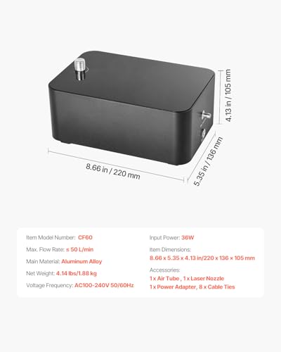 VEVOR Air Assist, Adjustable 50 L/min Airflow, Air Assist Pump Kit for Laser Cutter and Engraver, Clear Smoke and Dust, Reduce Surface Temperature, Shield Laser Lens, for Laser Engraver ≥ 20W VEVOR