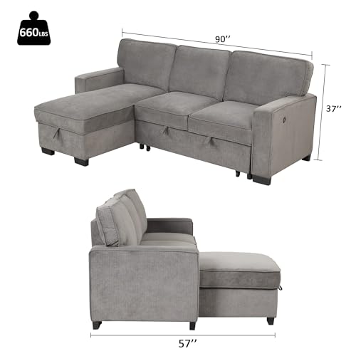 EBELLO Convertible Sleeper Sofa 3 in 1, Chenille Modern L-Shaped Couches for Living Room, Pull Out Sectional Futon Sofa Bed with Storage Space, USB Ports and Cup Holders for Bedroom, Grey EBELLO