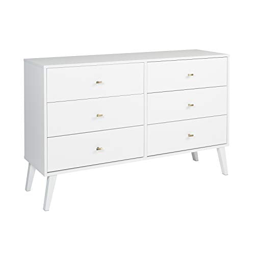 Prepac Milo Mid-Century 6 Drawer Double Dresser For Bedroom, 16" D x 52.50" W x 33" H, White Prepac