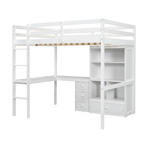 PVWIIK Full Size Loft Bed with Desk & Storage Shelves & Storage Drawers for Kids,Teens,Adults,High Loft Bed with Built-in Ladder & Guardrails,Space Saving,White PVWIIK
