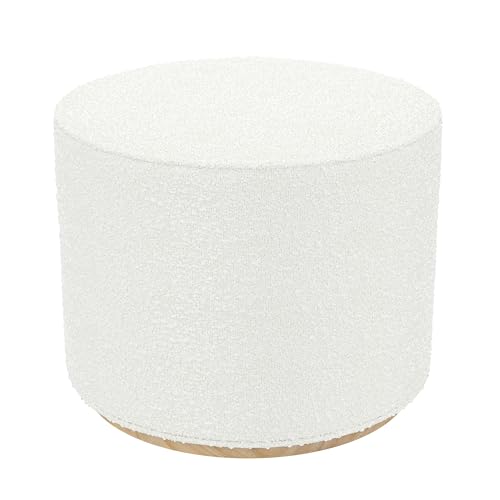 Spatial Order Bouclé Ottoman with Wooden Base – 22” Round Upholstered Footrest, Cream Textural Fabric, Modern Accent Stool for Living Room & Bedroom Spatial Order