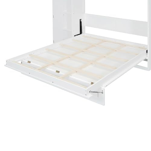 Ball & Cast Murphy Bed Full Size,Wall Chest with Shelves and 4 Drawers,Wood Hideaway Bed Cabinet Platform Bedframe w/LED Lights,can be Folded,Space-Saving,for Small Room,Dorms,White Ball & Cast