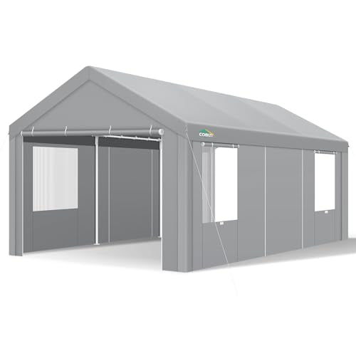 COBIZI Carport Canopy 12x20 Heavy Duty Portable Garage with Removable Sidewalls & Doors, Car Port Canopy Tent with Built-in Sandbags & All-Season Tarp for Car Boat Truck, Gray COBIZI