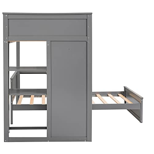 Harper & Bright Designs Twin Over Twin Bunk Bed with Desk, Drawers and Wardrobe, Wooden Loft with Stand-Alone Bed and Shelves for Kids Teens, Grey Harper & Bright Designs