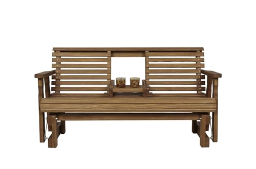 Amish Casual Heavy Duty Rollback Console Porch Glider in Cedar Stain - Patio Glider with Fold Down Cupholders Amish Made in The USA Amish Casual