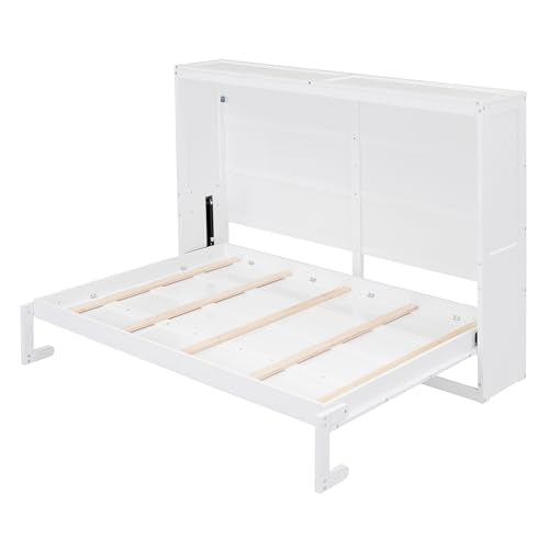 MERITLINE Full Horizontal Murphy Chest Bed,Wood Folding Grey Murphy Bed Cabinet for Adults No Box Spring Needed MERITLINE
