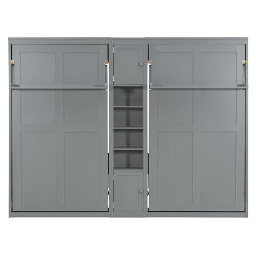 Merax Dual Twin Size Murphy Bed, Twin Wall Beds with Cabinets and Shelves, Gray Merax