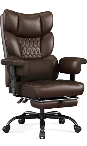 Misolant Big and Tall Office Chair with Footrest, High Back Executive Desk Chair with Adjustable Lift Armrest, 155°Recline,Lumbar Support Pillow, Faux Leather Gaming Chairs for Home or Office Brown