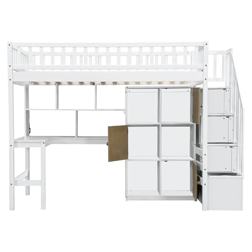 Ball & Cast Twin Size Solid Wood Loft Bed with Built-in L-Desk & Storage - Kids Bed Frame with LED Lights,Shelves & Safety Rails - Space-Saving Design,for Teens,No Box Spring Required,White Ball & Cast