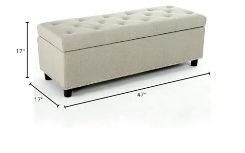BELLEZE 47" Storage Ottoman, Storage Bench with Safety Close Hinge, Linen Button-Tufted Ottoman for Living Room, Entryway, Hallway, Foot Rest, Support 300lbs - Beige BELLEZE