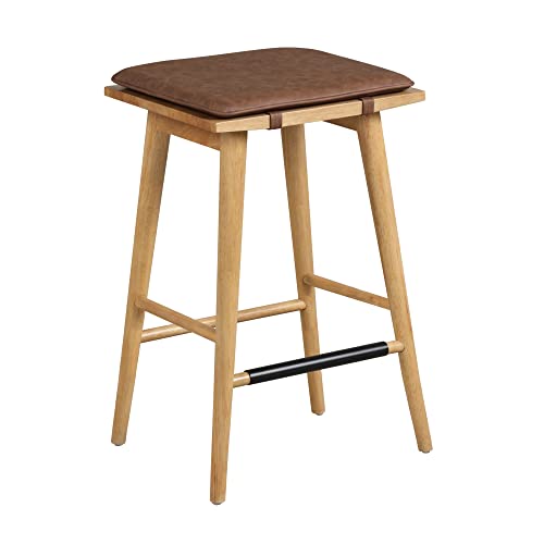 Nathan James Barker Classic Counter Height Wood Barstool with Leather Removable Cushion, Backless Island 24" Bar Stool for Kitchen, Chestnut Brown Nathan James