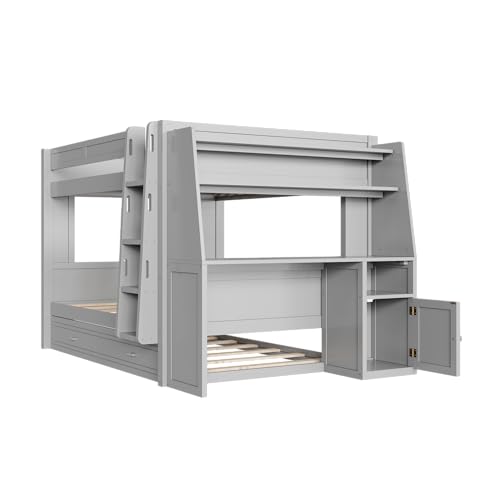 Merax Full Over Full Size Multifunctional Bunk Bed with Trundle, Desk, Bookshelves, Modern Loft Bed Frame with Ladder, Storage Shelves, and Guardrail for Teens, Gray Merax