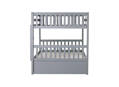 PVWIIK Full Over Full Bunk Bed with Twin Trundle, 3-in-1 Solid Rubberwood Loft Bed Converts to 2 Full Beds, Includes Ladder & Guardrails, Grey PVWIIK