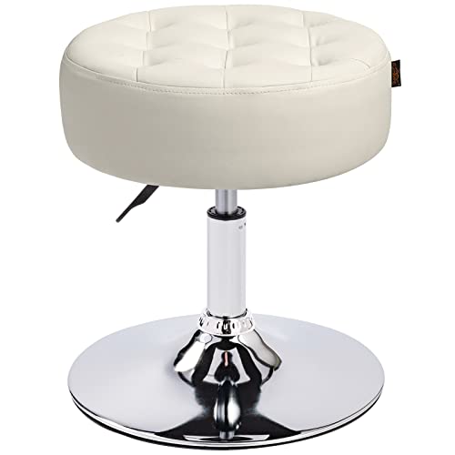 Furniliving Mid-Century Tufted Adjustable Swivel Makeup Ottoman Stool; Modern Big Size Round Vanity Stool Chair for Bedroom Living Room (White) Furniliving