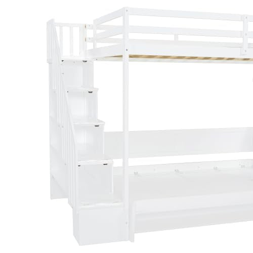 Full Murphy Bunk Bed with Desk and Hydraulic Lift, Full Over Full Size Murphy Bed with Storage Stairs, White Bellemave