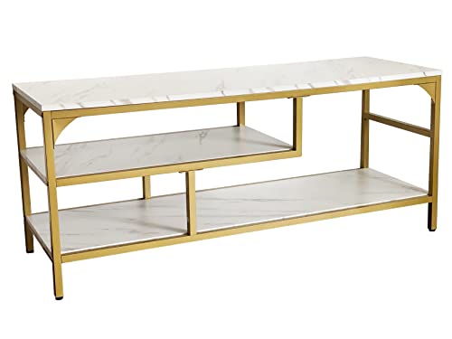 AT-VALY 3-Tier Stand for TV Media Console Table with Open Shelving Storage for Living Room Bedroom (Gold Frame with White Faux Marble top PB Board) AT-VALY