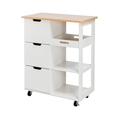 Shintenchi Kitchen Island Cart with Storage,Rolling Kitchen Island Storage Cabinet,Side Table on Wheels with Worktop,3 Open Shelves and 3 Drawers for Kitchen,Dinning Room, White Shintenchi