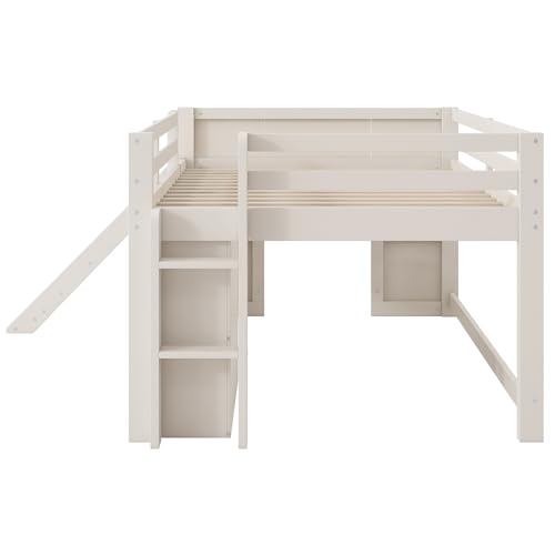 Quarte Full Size Kids Low Loft Bed with Slide,Three Storage Drawers and Two Doors,Solid Wood & MDF Construction, No Box Spring Needed Quarte