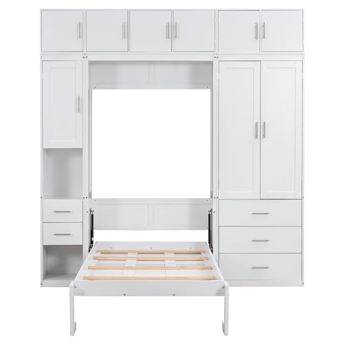 Twin Murphy Bed with Storage Wardrobes,Bookcase Shelves and Drawers,Wood Folding White Murphy Wall Bed Cabinets MERITLINE