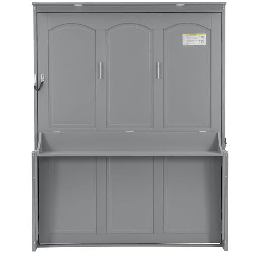 Merax Full Size Murphy Bed with Sofa Chair, Can be Folded Wall Bed with Storage Shelves and Light for Guest Room,Living Room and Bedroom Merax