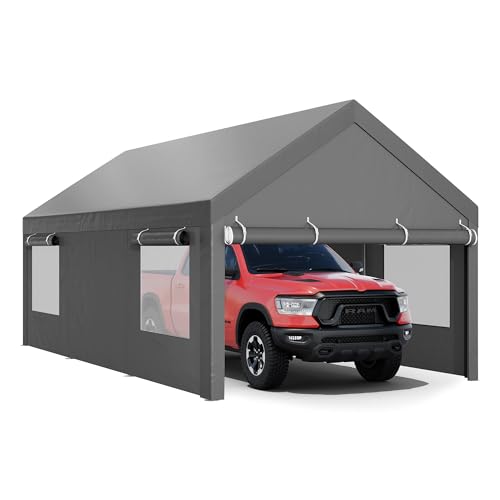 JY QAQA Carport, 12x20 FT Heavy Duty Carport with Roll-Up Window and Sandbags, Portable Garage with Removable Side Walls and Doors, Car Canopy with All-Season Tarp for Cars, Trucks, Boats, Grey JY QAQA PET