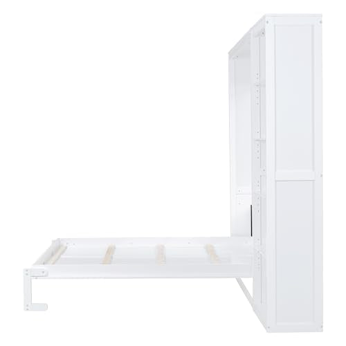 Harper & Bright Designs Queen Size Murphy Bed, Wooden Wall Bed with Shelves, White Harper & Bright Designs