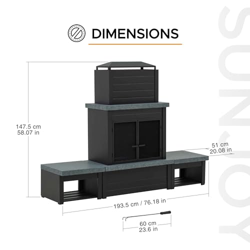 Sunjoy Wood Burning Fireplace, Outdoor Patio Steel Fireplace with Chimney, Log Holders, Fireplace Tool and PVC Cover, Black Sunjoy