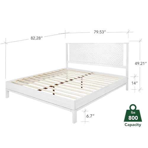 Bme Ethan Solid Wood King Bed Frame with Diamond Headboard - Rustic & Mid-Century Modern - Acacia Wood Platform Bed - Compatible with All Mattresses - No Box Spring Needed - Rustic White Bme