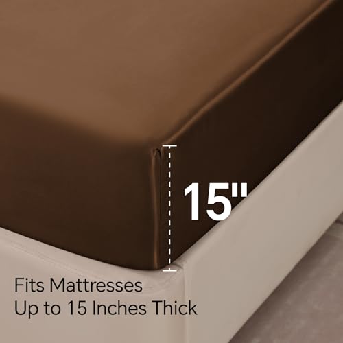 BEDELITE Satin Sheets Queen Size Bed Set, Luxury Soft Brown Silky Sheets for Hair and Skin, Similar to Silk Bed Sheets Set 4 Pieces with 1 Deep Pocket Fitted Sheet, 1 Flat Sheet, and 2 Pillowcases