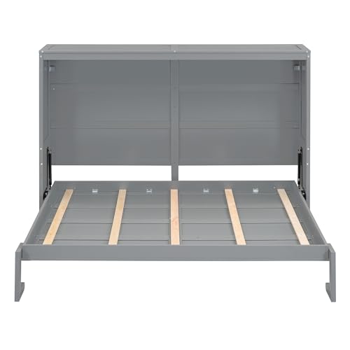 MERITLINE Queen Horizontal Murphy Bed,Wood Space-Saving Folding Farmhouse Murphy Bed Cabinet for Adults,No Box Spring Needed (Queen,Grey) MERITLINE