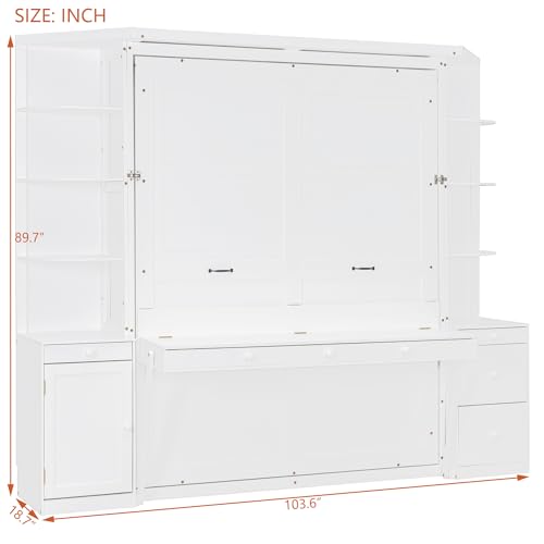 Bekeknlny Modern Queen Murphy Bed with Desk, Storage Shelves and Cabinets, Hidden Wall Bed for Space-Saving Home Office (White/H10) Bekeknlny