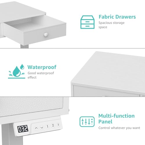 KLUVIS Electric Standing Desk with Drawers, 32 Inch White Small Height Adjustable Sit Stand Desk with Storage for Small Space Home Office Bedroom, Study Writing Stand up Computer Desks for Girls Work KLUVIS