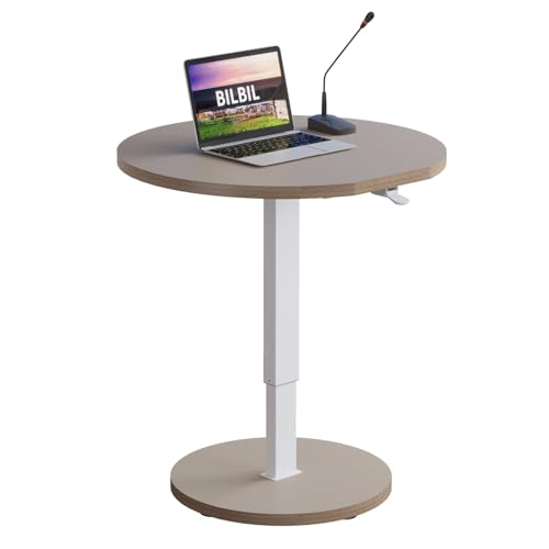 bilbil Round Pneumatic Adjustable Standing Desk, Space-Saving Circular Design with Locking Casters, Mobile Workstation for Home Office, Height-Adjustable Overbed Table, 31.5 Inch, Khaki Finish bilbil