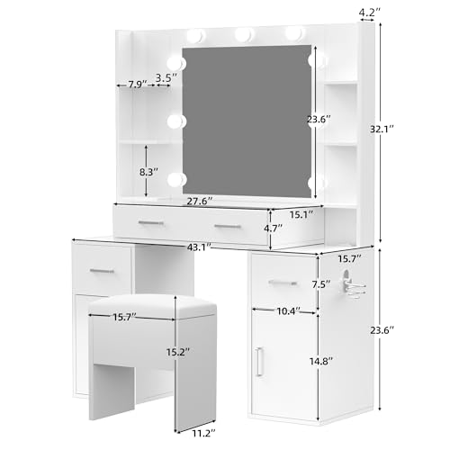 Makeup Vanity Desk with Lights, Glass Top Vanity with Charging Station, Vanity Mirror with 9 LED Lights Desk, Nightstand, Vanity Set with Storage Bench, 3 Lighting Modes Brightness Adjustable, White VALONDINO
