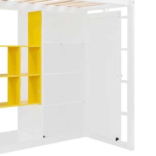 Ball & Cast Twin Size Loft Bed with Wardrobe and Reversible Staircase,Multifunction Wood Bed Frame W/Shelves & Cabinet,Full-Length Guardrails,No Box Spring Needed,for Bedroom,Student,White+Yellow Ball & Cast
