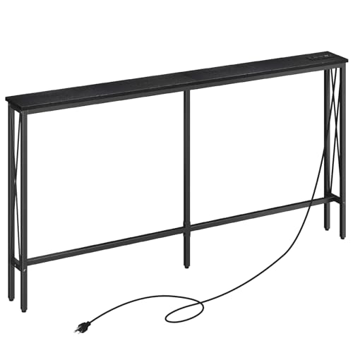 ELYKEN 5.9" Narrow Console Sofa Table with Power Outlets, 5.9" Dx63 Wx31.5 H Long Skinny Behind Couch Table with “X” Cross Metal Frame and Charge Station with 6.5’ Extension Cord, Black ELYKEN