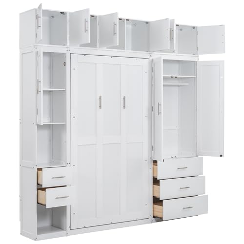 Twin Murphy Bed with Storage Wardrobes,Bookcase Shelves and Drawers,Wood Folding White Murphy Wall Bed Cabinets MERITLINE
