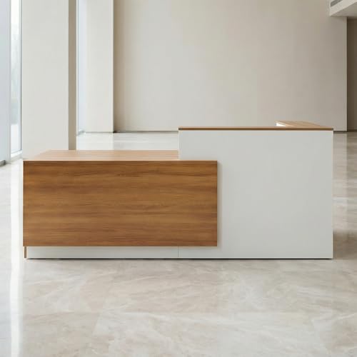 JYUREO L-Shaped Reception Desk with Counter and Lockable Drawers and Storage,Modern Front Desk Reception Counter for Checkout, Lobby, Beauty Salon (L-European Oak+White, 110.24inx39.4inx39.4in) JYUREO