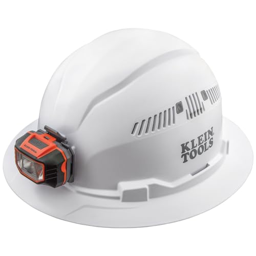 Klein Tools 60407 Hard Hat with Light, Vented Full Brim Style, Padded, Self-Wicking Odor-Resistant Sweatband, White Klein Tools