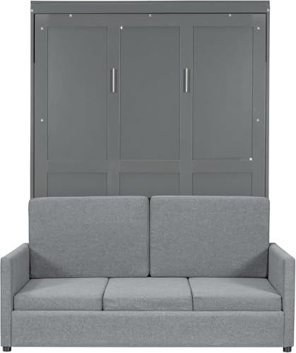 Virubi Full Murphy Bed with Couch,Wood Folding Murphy Wall Bed Cabinet with Sofa (Grey,Full) Virubi
